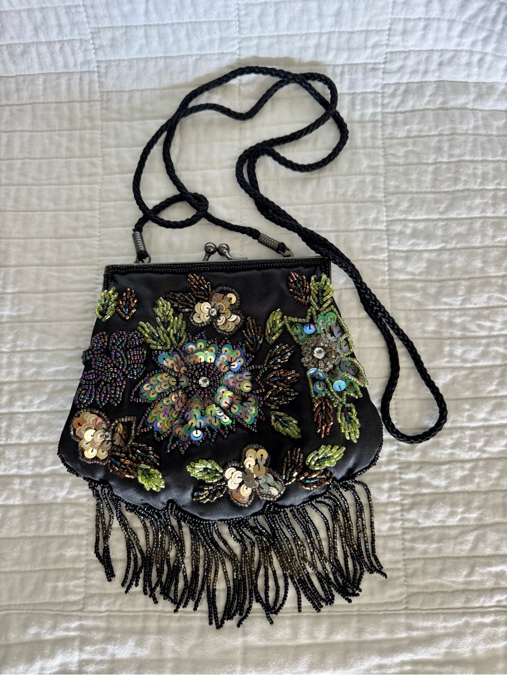 Lancome Black Beaded Floral Fringe Wristlet/Crossbody
